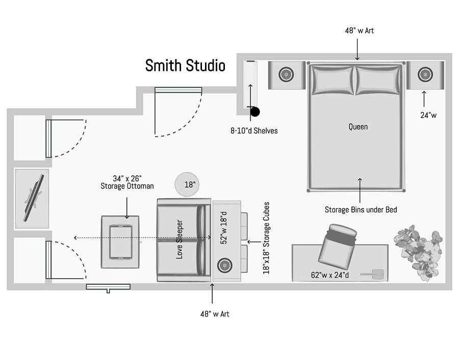 Professionally designed room layout, specifically planned for mid-term rental guest in mind.