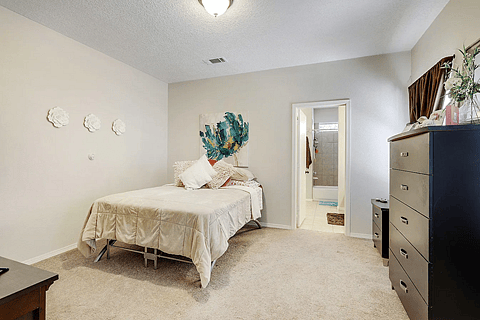 Primary Bedroom - Queen Bed, Dresser & TV. Furniture has changed, and flooring is now a high-quality wood laminate.