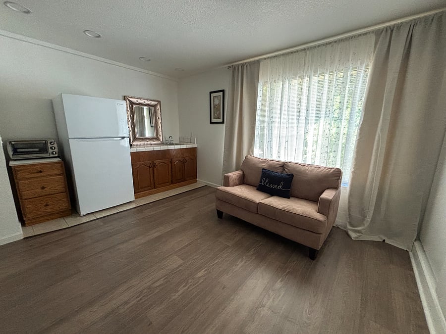 Large bedroom has a refrigerator, small sink in counter, and sofa.
