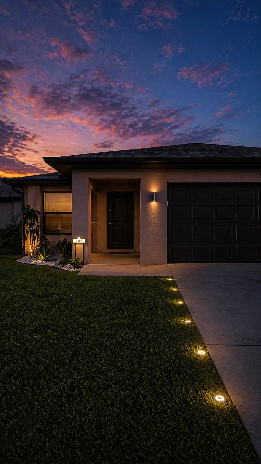 Well-lit exterior with pathway lights along the driveway.  Spacious driveway fits up to two cars, and an illuminated house number ensures easy visibility at night.