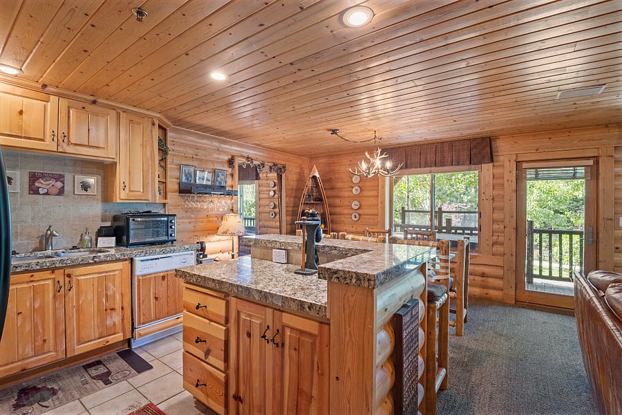 Kitchen and dining area with entrance to private deck-spa