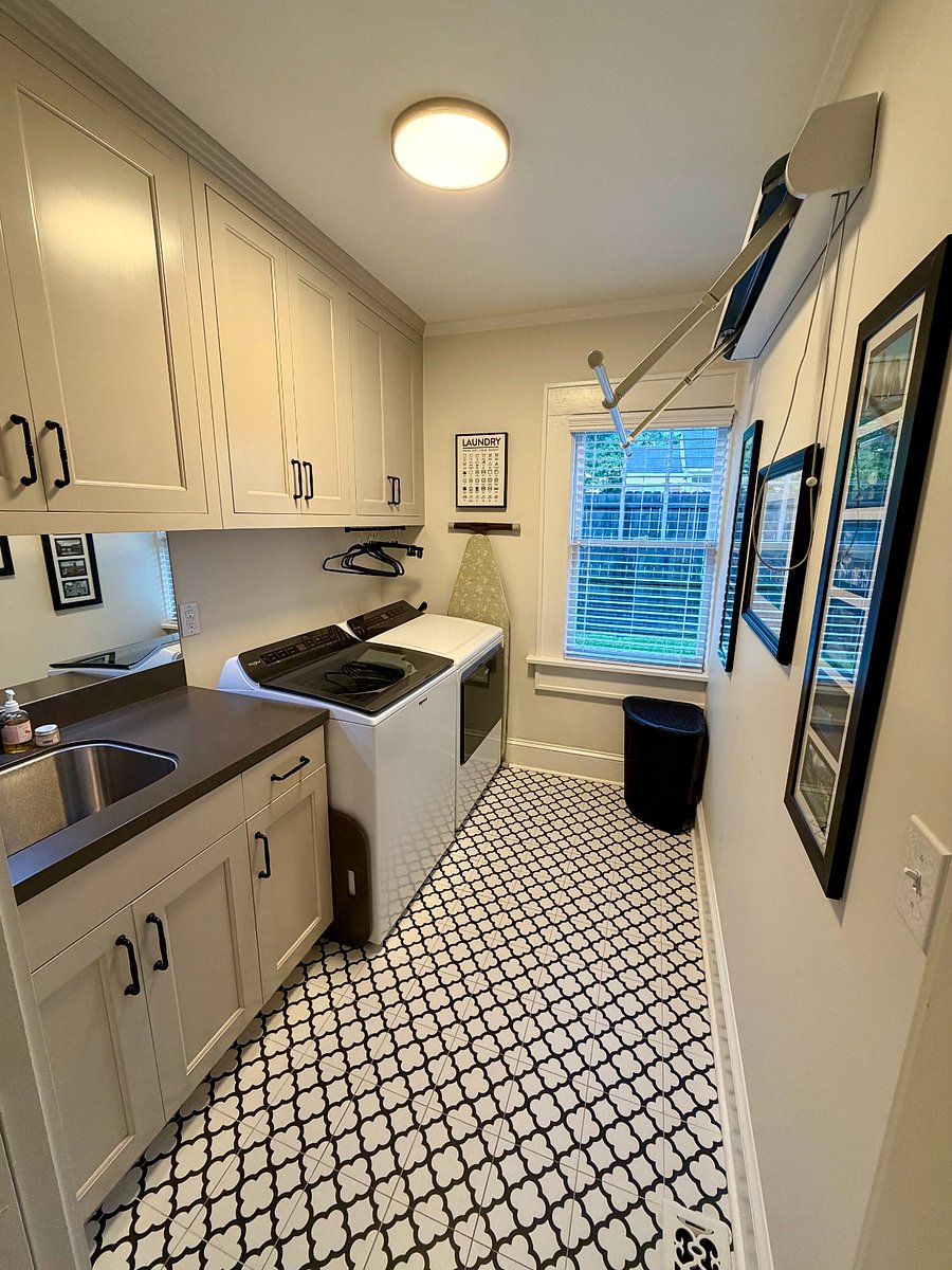 Full-size washer and dryer in dedicated laundry room. Deep sink for extra washing and cleaning needs.