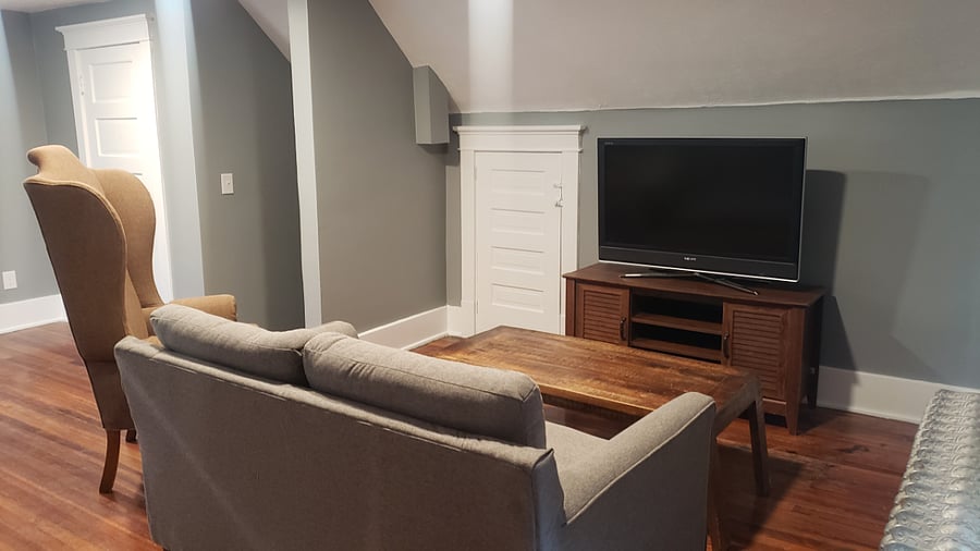 Loft private living area with TV and Roku Stick, on third floor