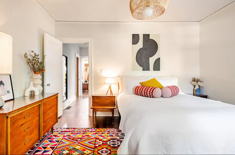 First floor bedroom that is right next door to bathroom. Queen memory foam bed. room has a walk in closet. iron and ironing board. Plenty of linens.