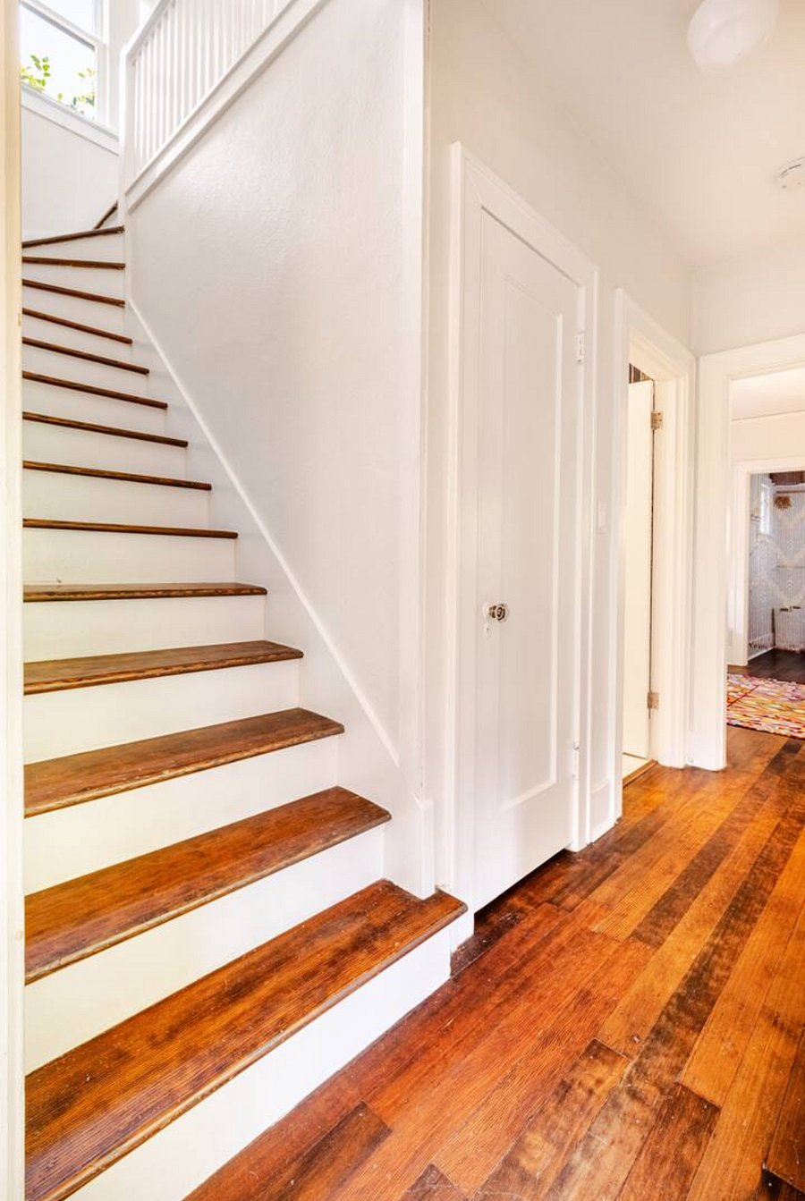 Note stairs have a hand rail and last four steps turn at the top.