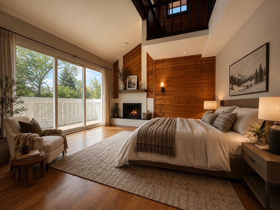 Master bedroom with wood burning fireplace and deck with flatiron views