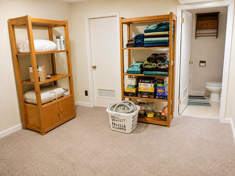 Basement living room with full bath. Laundry is just off this room as well.