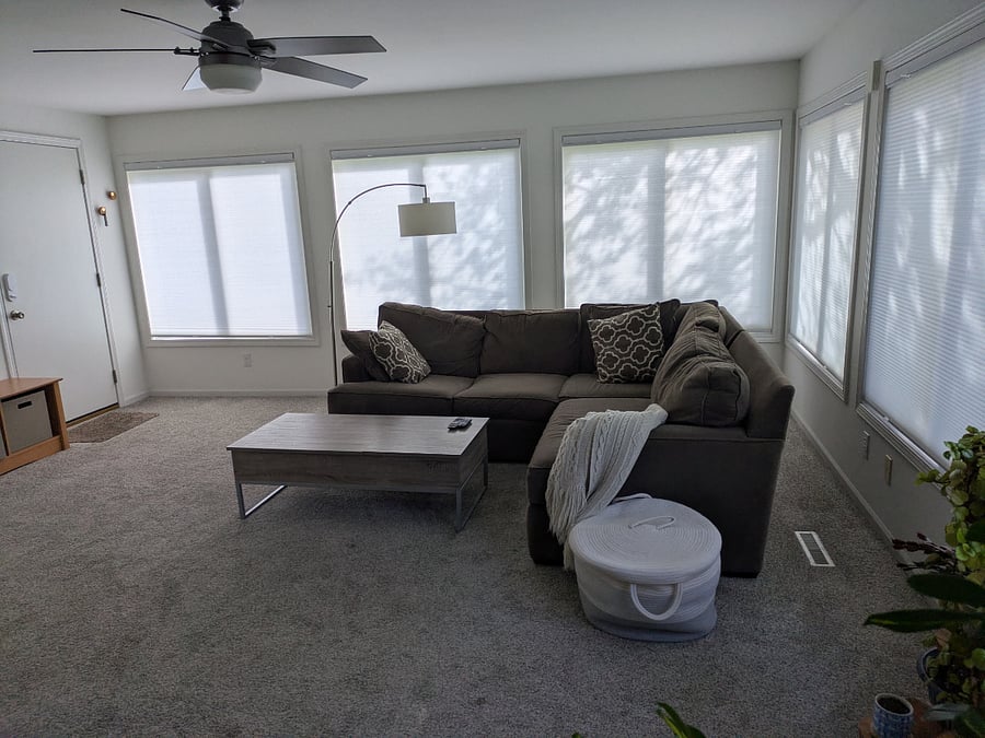 Blinds on the sunroom windows can be used top-down or bottom-up for your preferences for natural light and privacy.