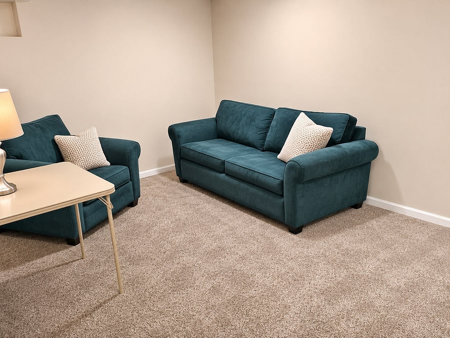 Basement living room includes a sleeper sofa, desk, and TV.