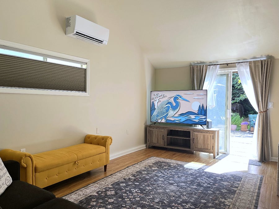 Den with queen Murphy cabinet bed and smart TV.