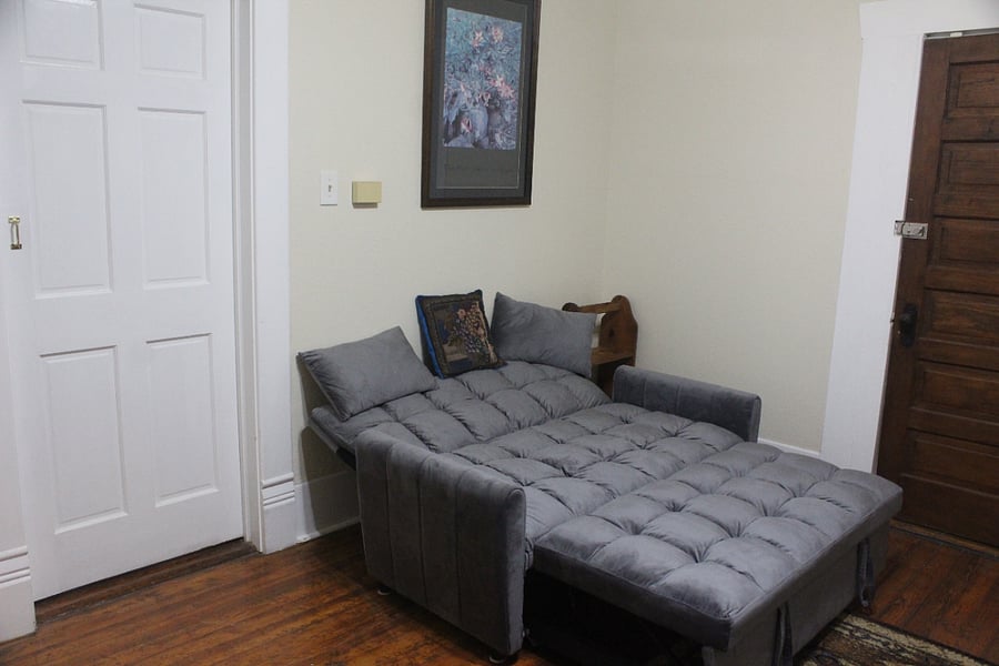 Living room has a pull out couch.