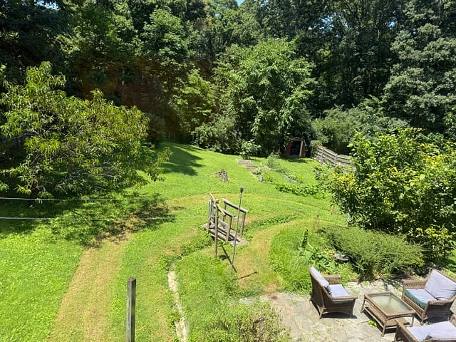 View of backyard/ garden from your bathroom window.
