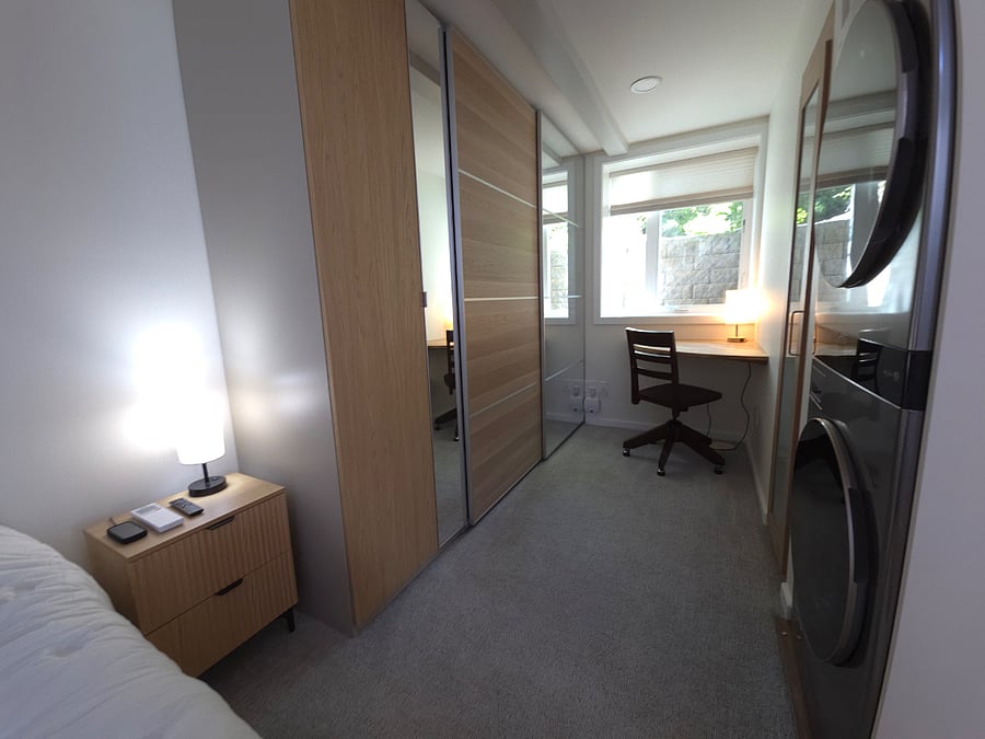 "Floating" all wood desk provides a quiet place to work on your laptop. Window shade includes light and dark options all in one.