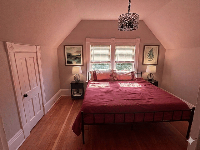 Upper Level Primary Bed with dresser and TV