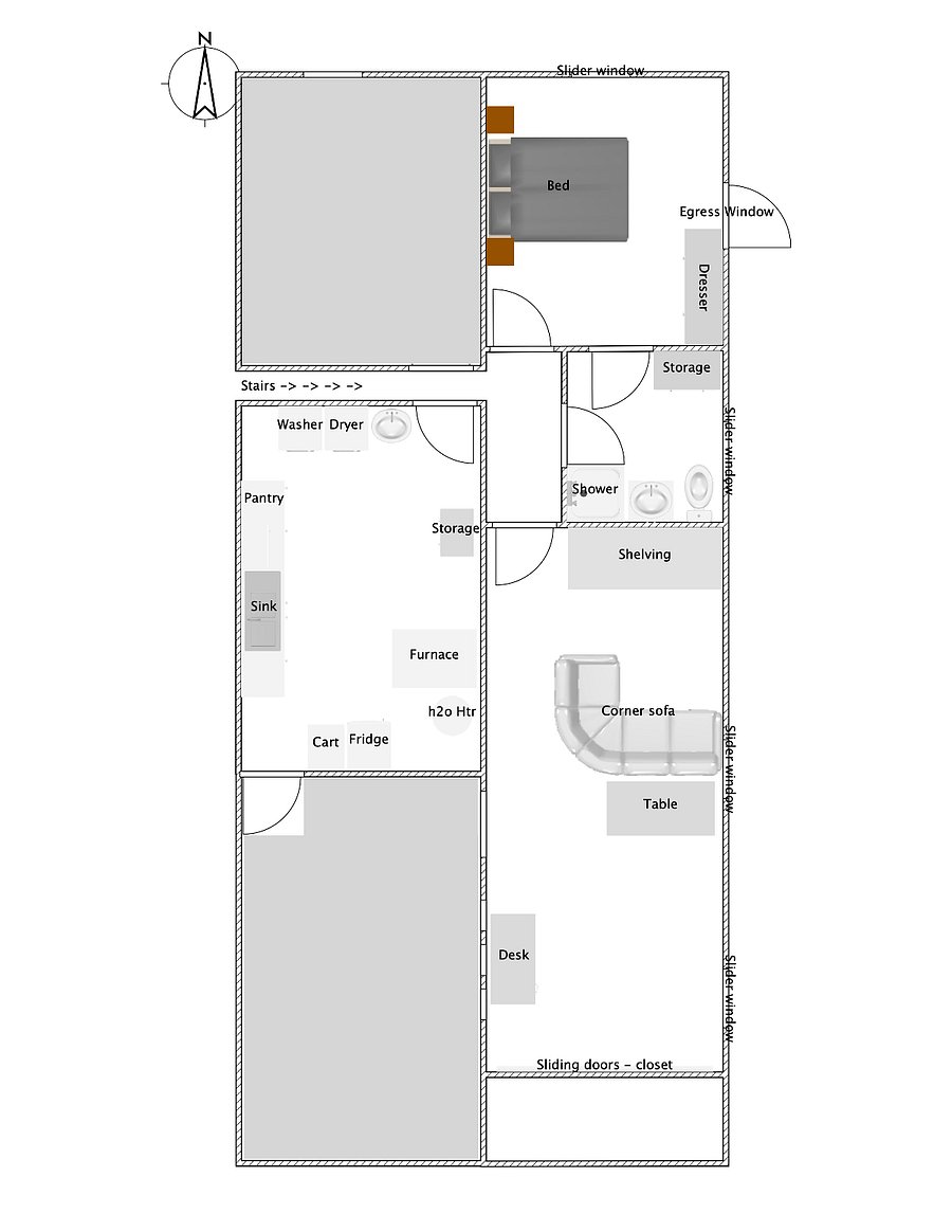 Downstairs space. Grayed out = my space.