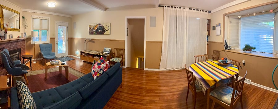 Shared upstairs space. Patio access to the left, entrance stairway to your space straight ahead, my private space behind curtains, clothing/shoe racks directly behind.