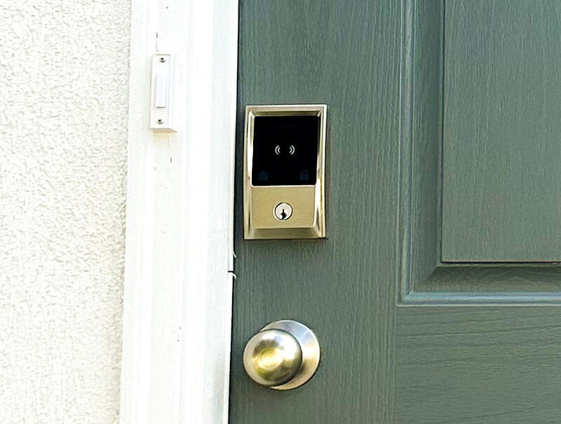Schlage smart lock. Unlock door with a tap of your Apple Watch, iPhone, Siri, or use the keypad.