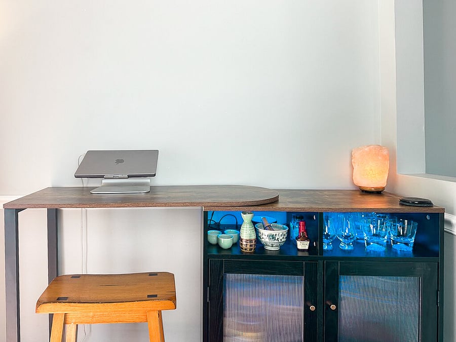 Bar cart with LED illumination, barware & glasses.  Also great for setting up a workstation.