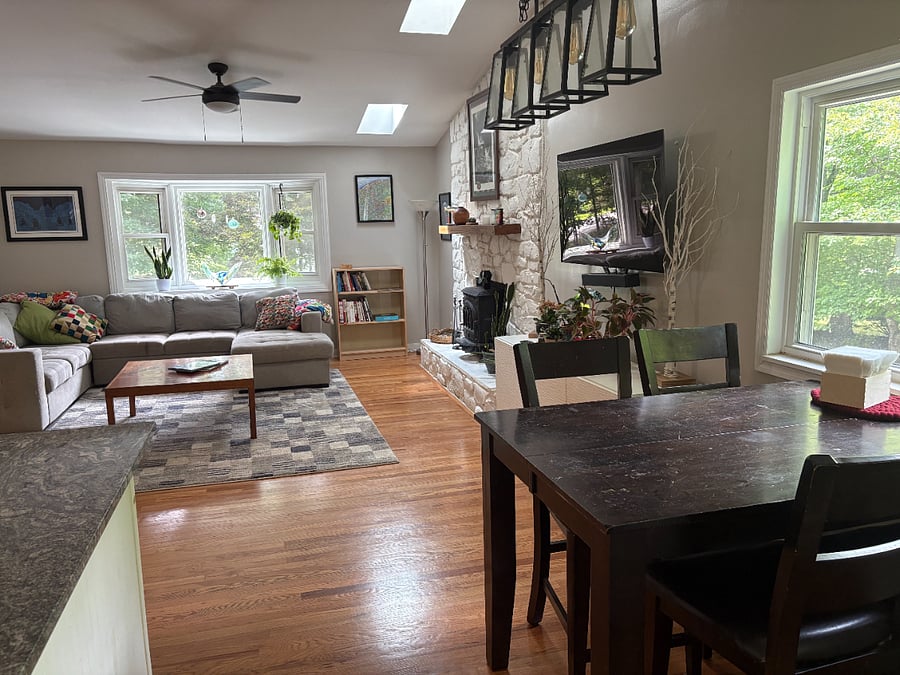 Dining area and living area part of one large communal space