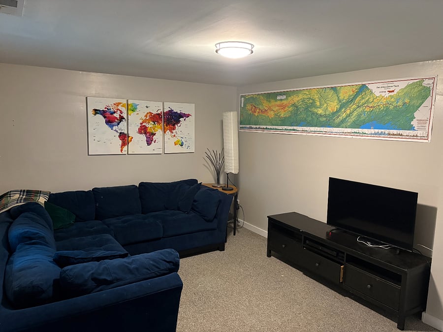 Downstairs: a cozy den with TV 