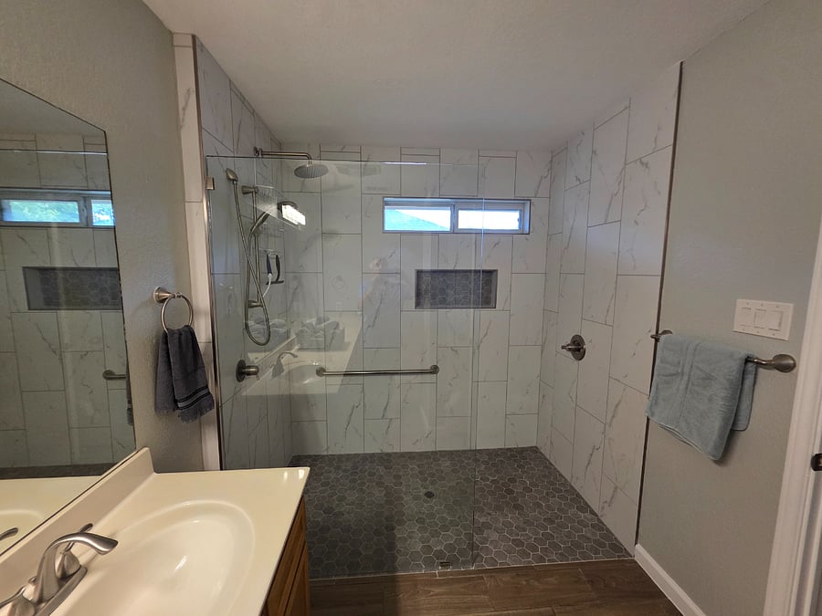 Curbless walk-in shower main bathroom