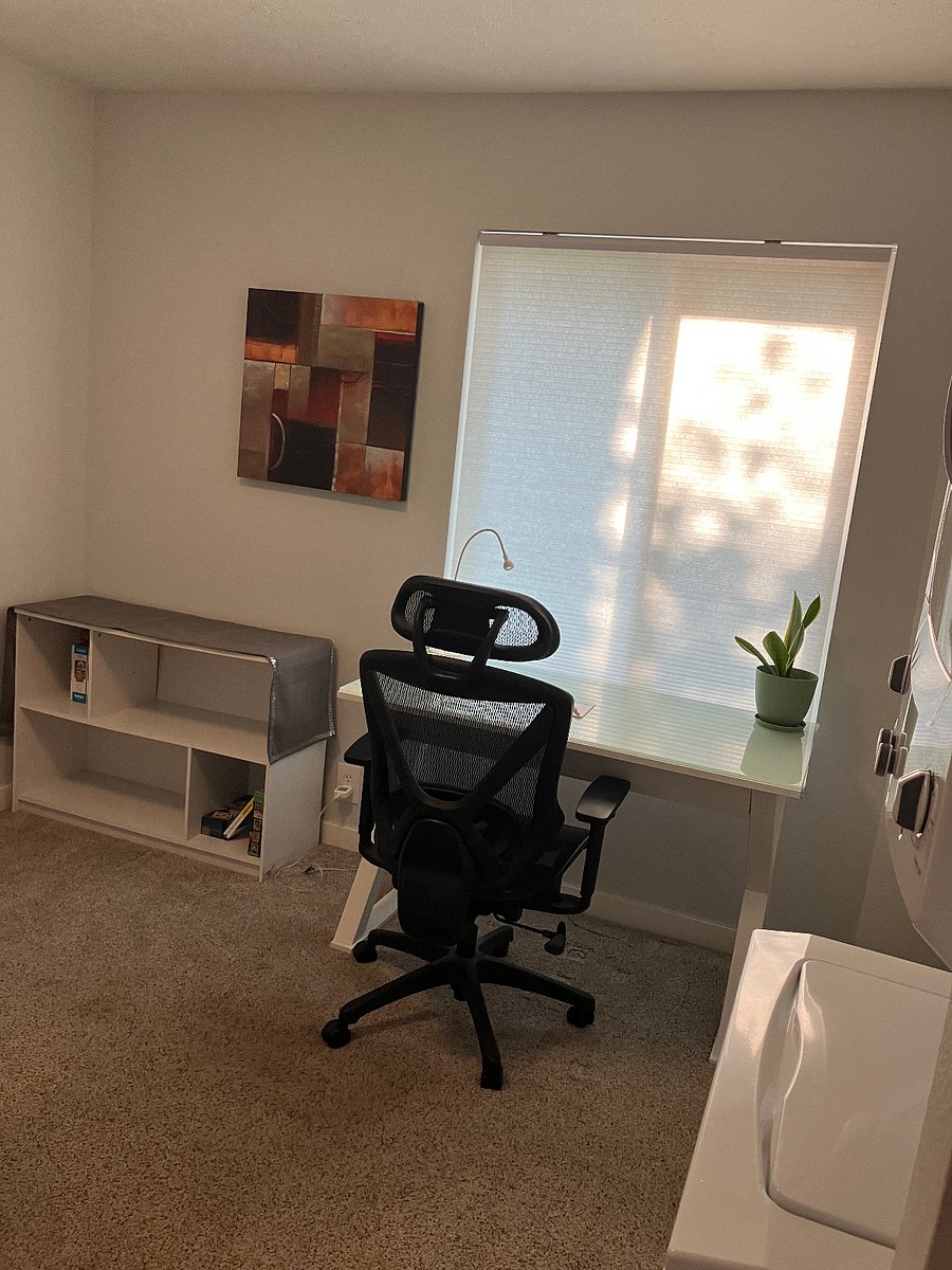 Desk with office chair and lounging area