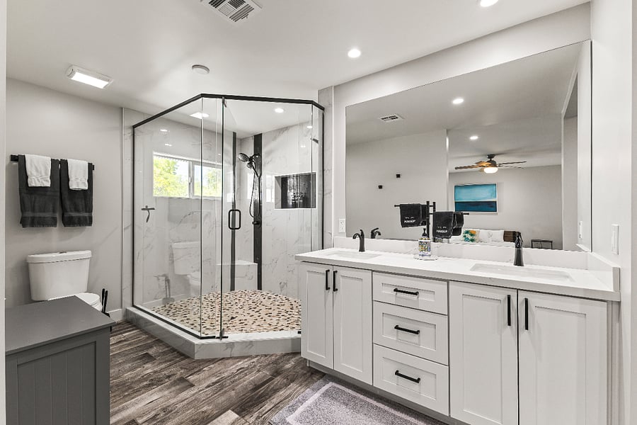 Master Bath, dual shower heads, large rainfall style with handheld wand. double vanity