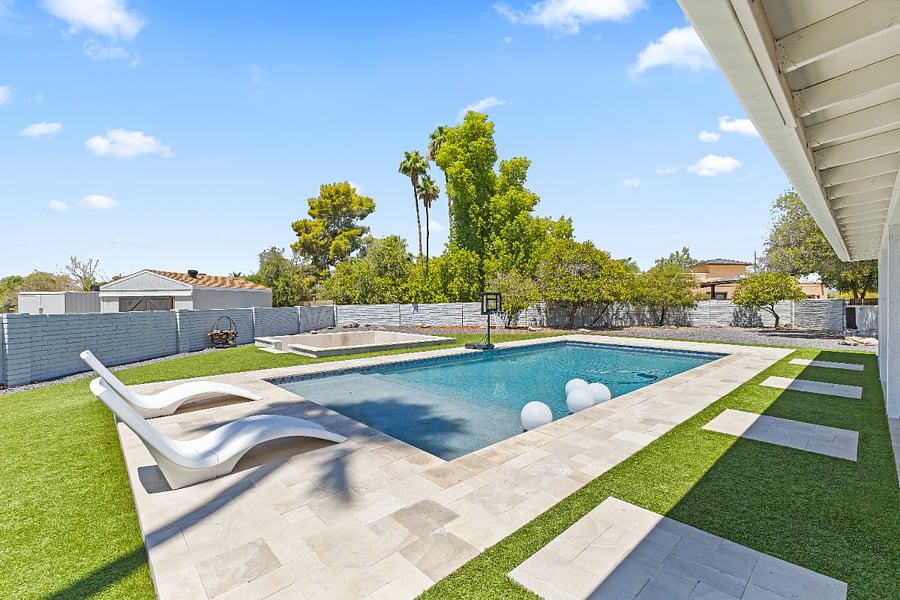 Pool and loungers, pool is 5 ft deep sports style. ready for basketball, volleyball, swimming and relaxing