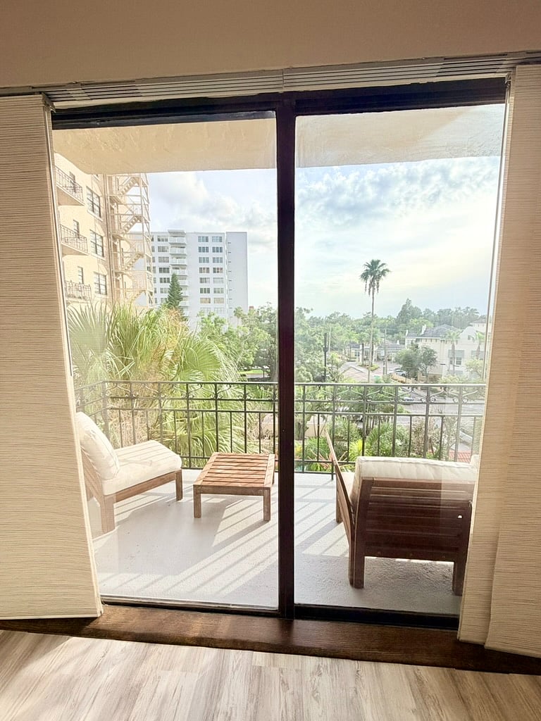 Private furnished balcony with amazing sunset views overlooking the pool