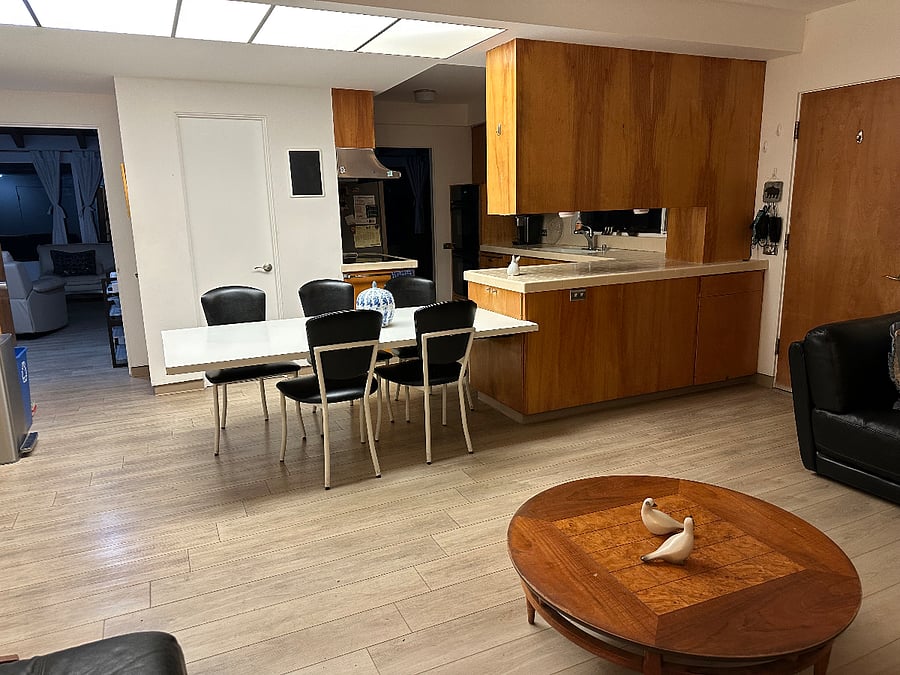 Kitchen and family room with built in breakfast table