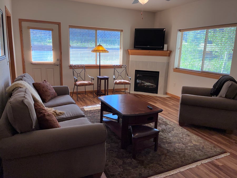 Living room with gas fireplace and TV.