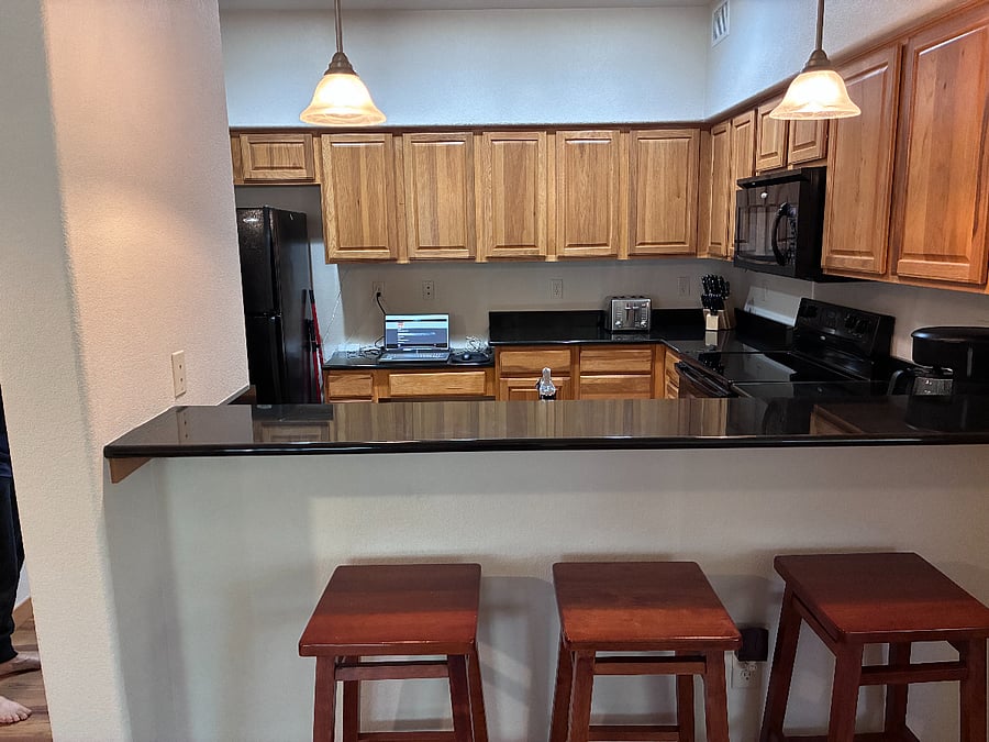 High top kitchen counter allows for bar seating.