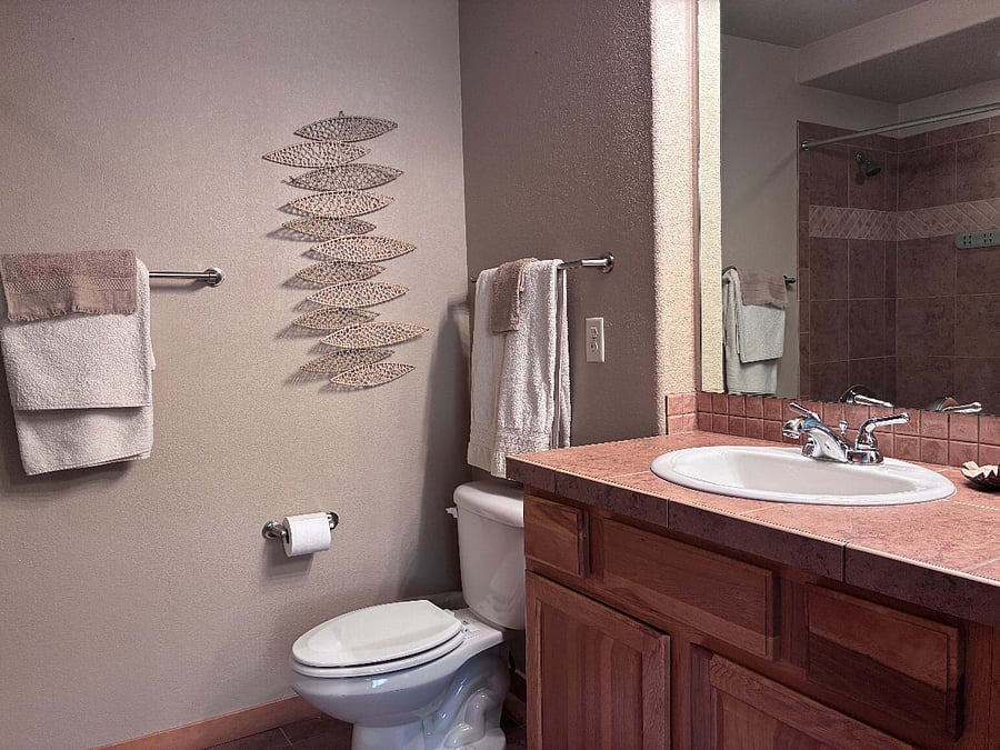 Master bathroom is full-sized with numerous drawers and full-sized tub with shower.
