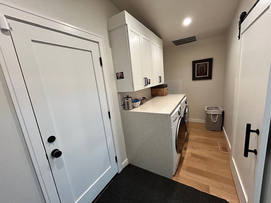 Full size laundry unit with waterfall countertop