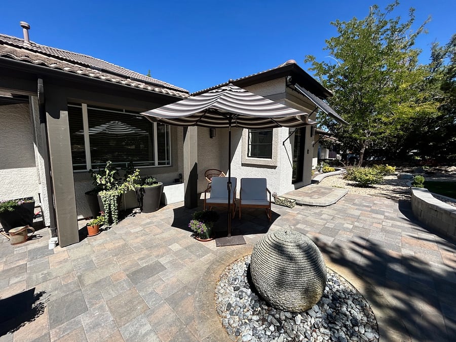 Comfortable front patio with fountain and Mount Rose views.