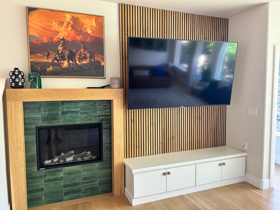 Gas fireplace with remote operation and large screen smart TV