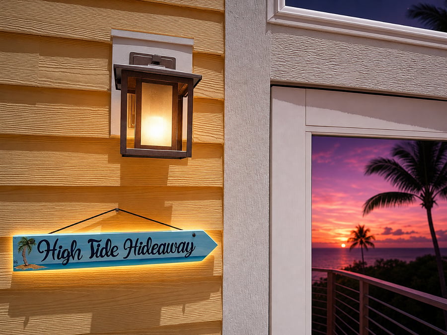 High Tide Hideaway exterior at sunset