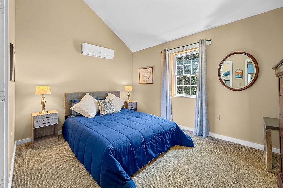 Bedroom 2 is quiet with Queen bed, forest views plus its own A/C and heat