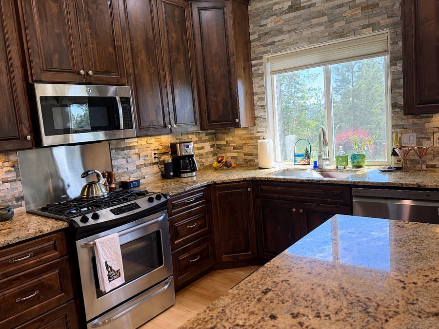 Plenty of dishware and stemware, pots and pans, cooking utensils, and spices are all included.
