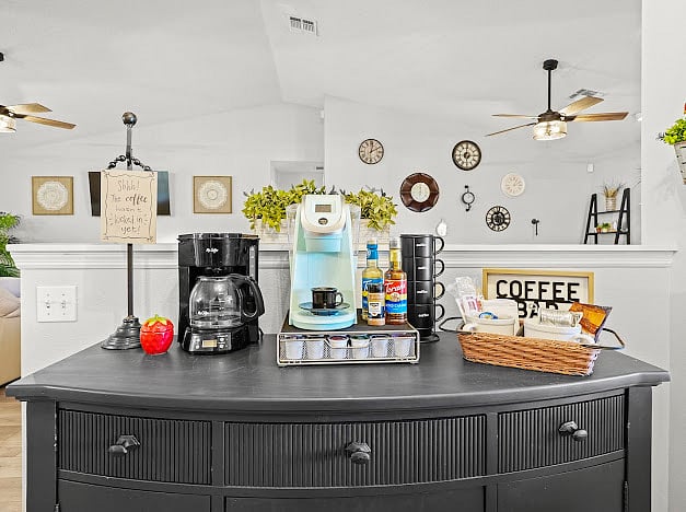 Coffee Bar / Buffet equipped with Coffee Mugs & Wine Glasses