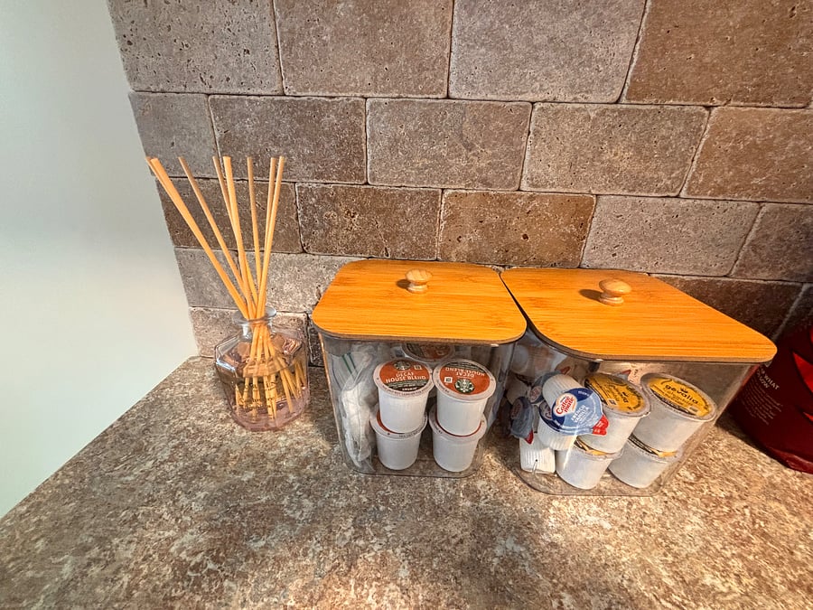 Keurig coffee pods (caffeinated and decaf), sugar, creamer.