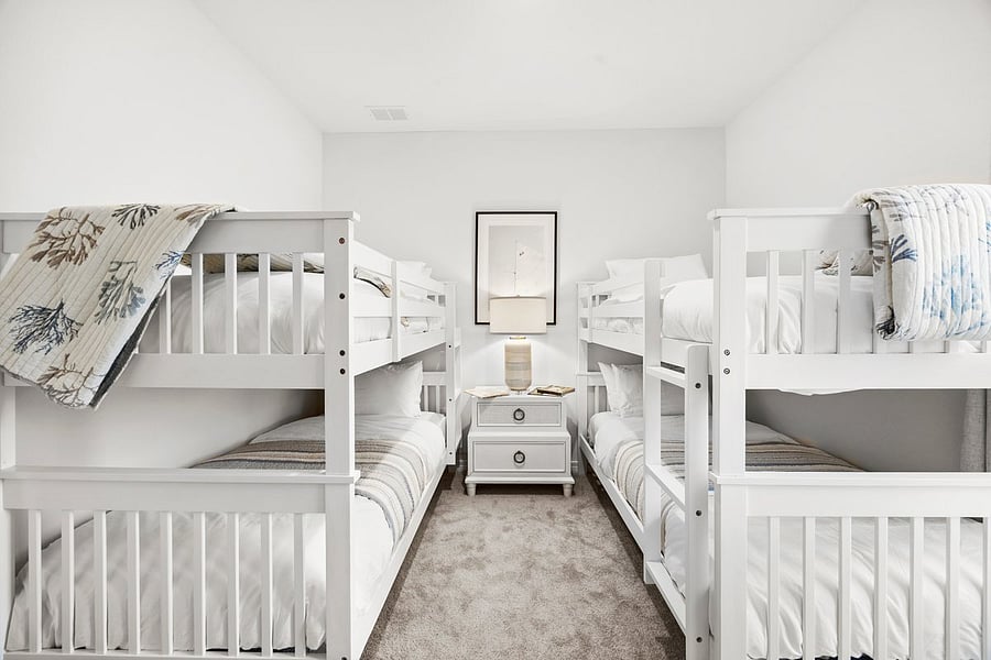 Bunk room has 4 twin beds, premium foam mattresses, noise maker, and cotton bedding