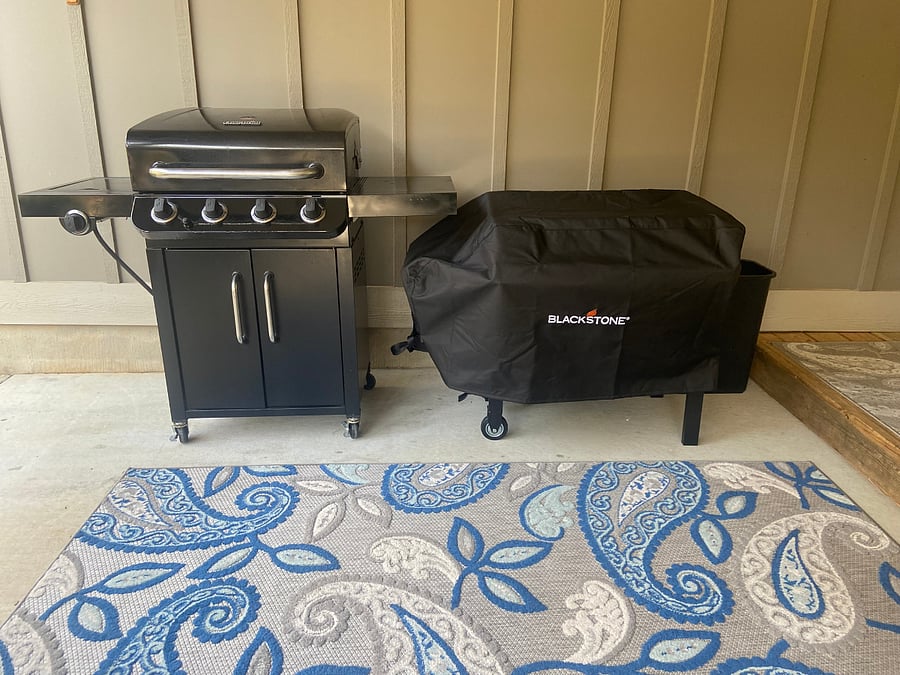 PATIO: 4-Burner gas grill, Blackstone griddle, Outdoor SONOS landscape music and a stone fire pit area.