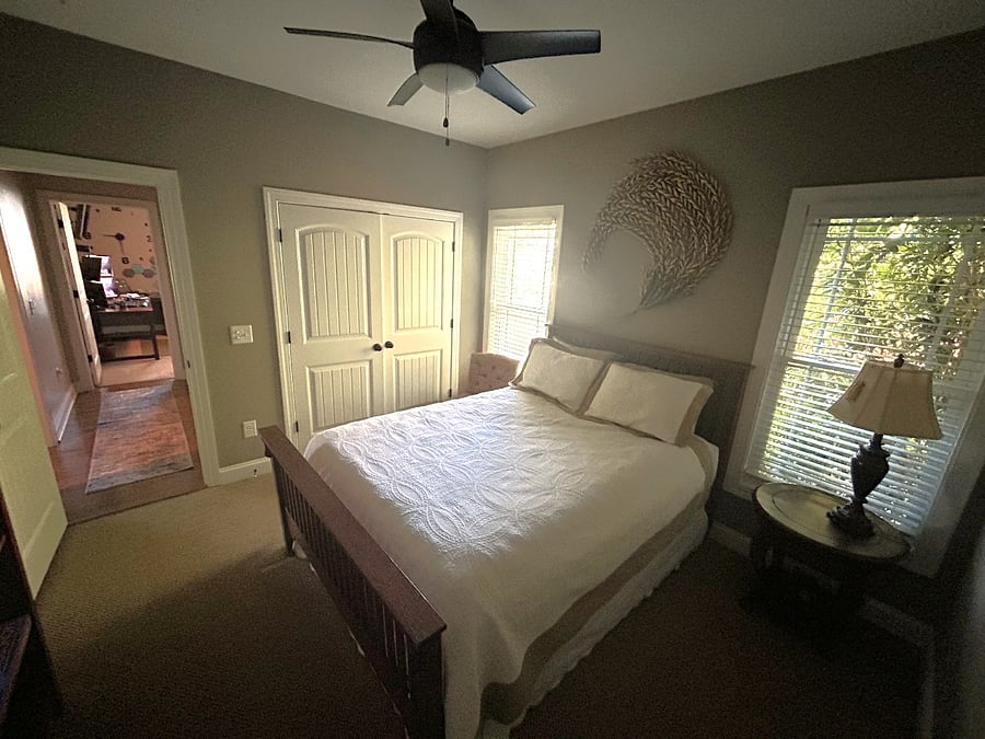LAYOUT SEPARATION: View showing the physical layout of your private suite. The full bathroom is conveniently located right in your hallway just steps before the office door.