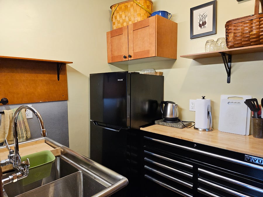 Stainless Steel Double Sink, Butcher Block Counter with storage drawers, Fridge/Freezer