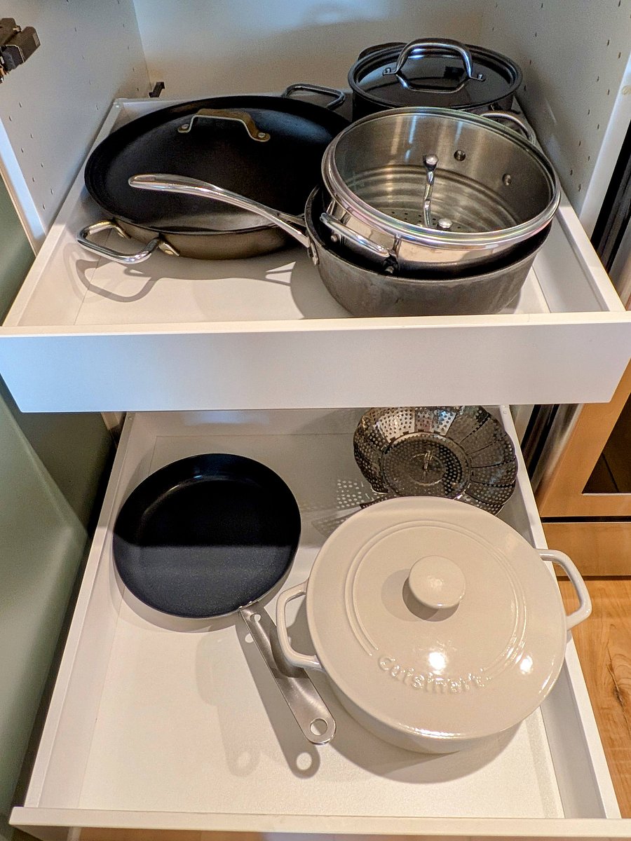 Pots and pans ready for scrambled eggs or a comforting soup.