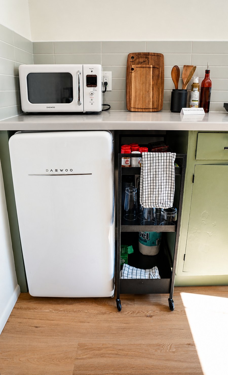 Mini fridge and microwave to easily store and prep your meals.