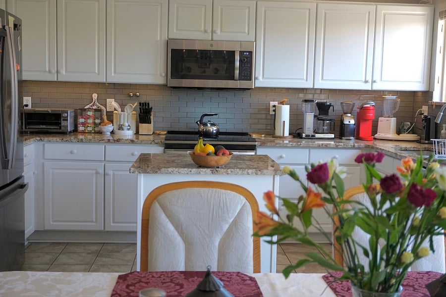 View of kitchen from dining area