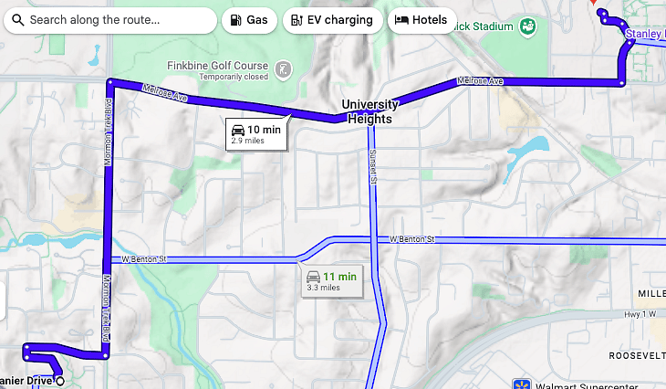 Map from home to University of Iowa hospitals. Multiple side streets you can cut through. 10 minute drive.