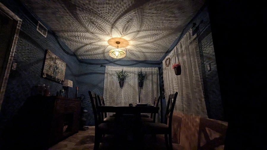 Dining room at night with Moroccan light